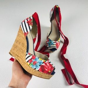 Nine West Tropical Flower / Cherries / Stripe Wedge Sandals w/ Tie Up